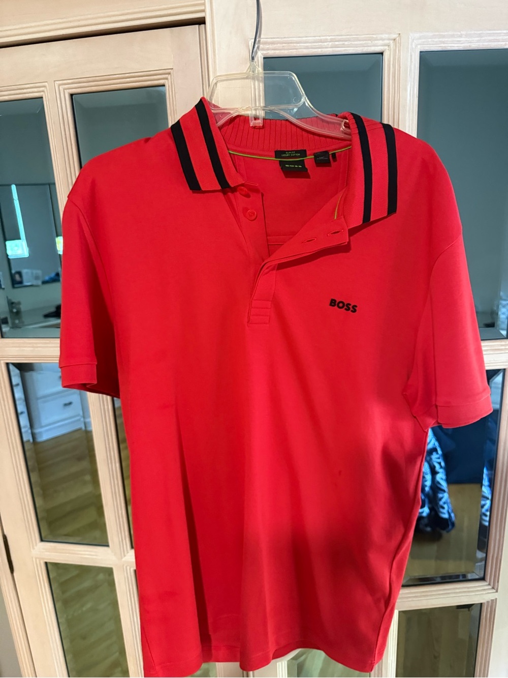BOSS Red Polo with Black-Striped Collar